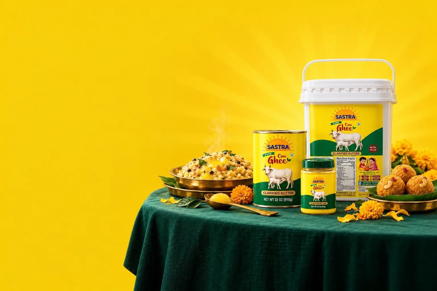 Sastra Pure Cow Ghee jar, tin and tub with ven pongal, laddoos and marigolds