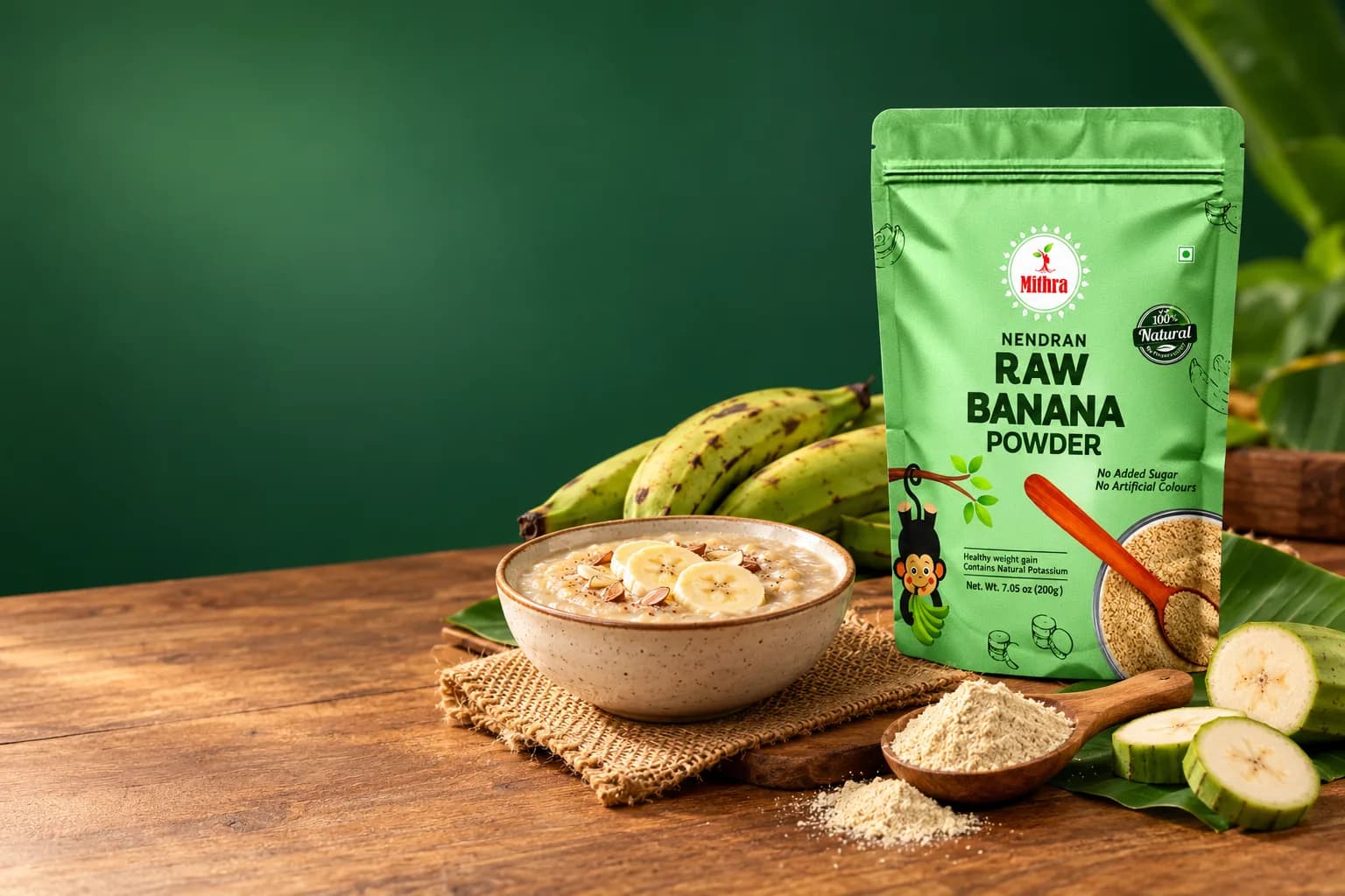 Mithra Nendran Raw Banana Powder pouch with raw bananas and banana porridge