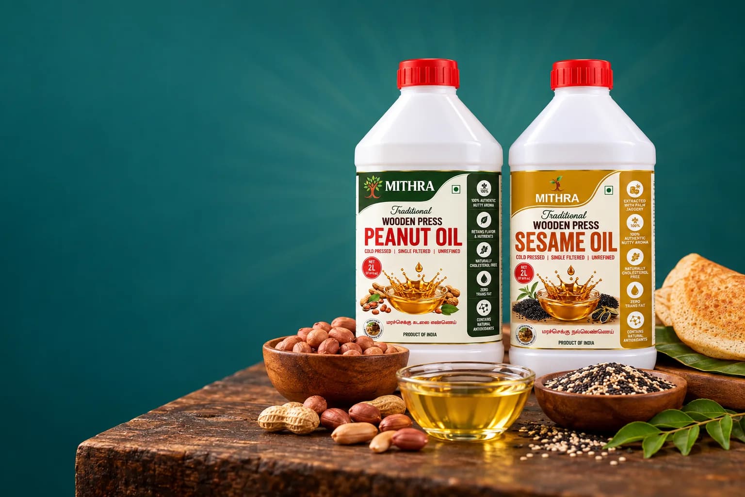 Mithra wooden-press peanut oil and sesame oil jugs with peanuts, sesame seeds and a dosa