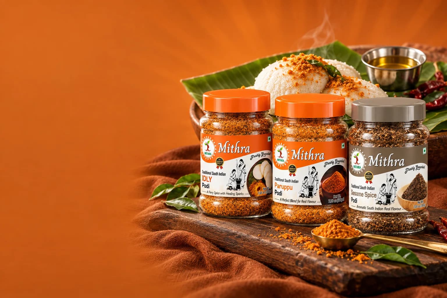 Three jars of Mithra Idli Podi