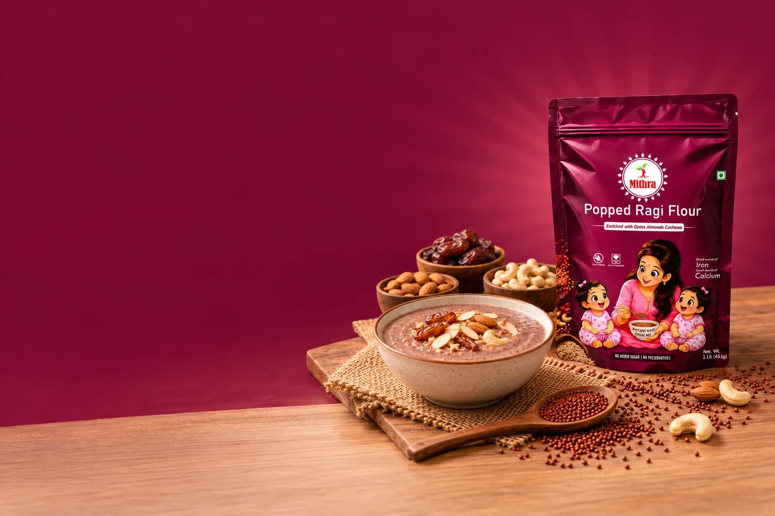 Popped Ragi Flour pouches, back and front