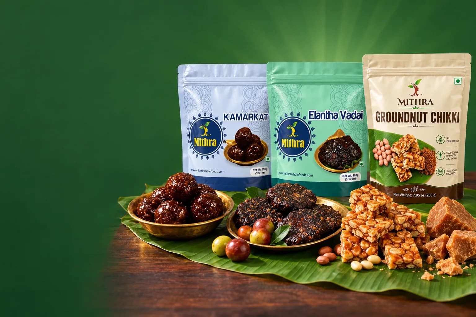 Mithra Kamarkat, Elantha Vadai and Groundnut Chikki pouches with the sweets on a banana leaf