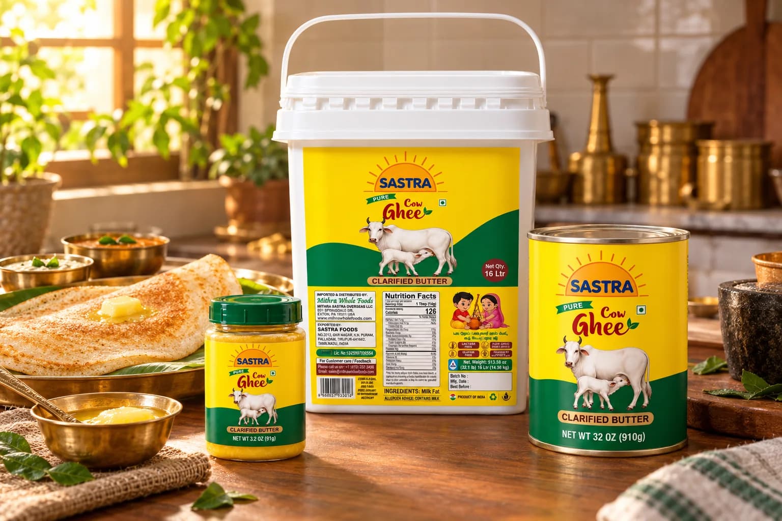 Sastra ghee jar, tin and tub on a kitchen counter beside a plate of dosas