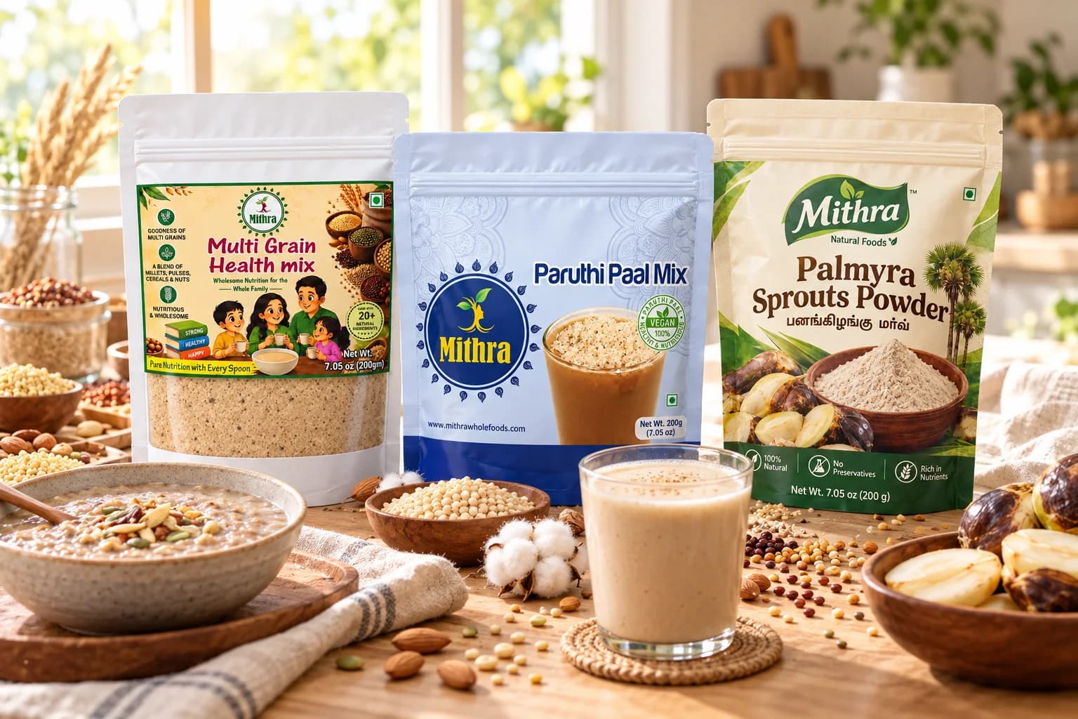 Mithra Multi Grain Health Mix, Paruthi Paal Mix and Palmyra Sprouts Powder with porridge and a malt drink