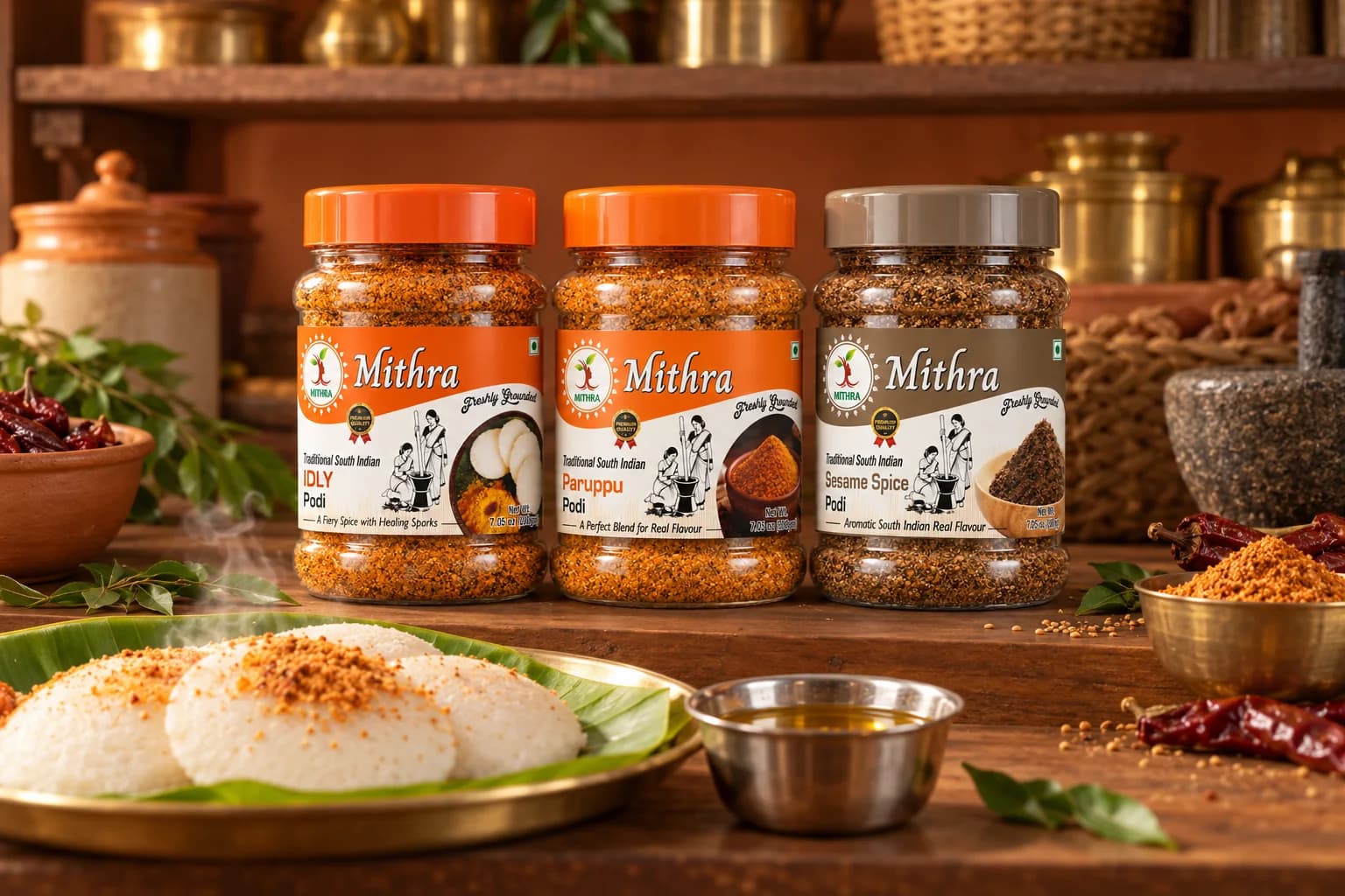 Mithra Idli, Paruppu and Sesame podi jars on a pantry shelf with idlis