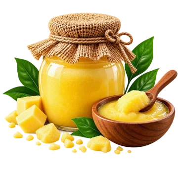 Jar of pure cow ghee with fresh ghee in a wooden bowl