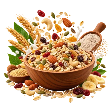 Bowl of health mix with nuts, seeds, dried fruit and grains