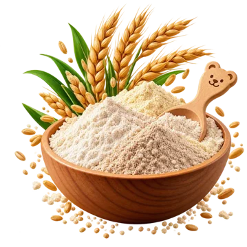 Bowl of grain flours with wheat ears and a bear-shaped scoop
