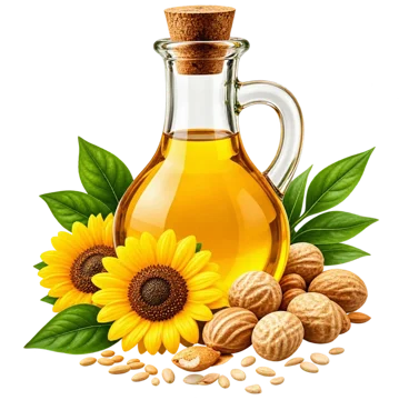 Bottle of oil with sunflowers and groundnuts