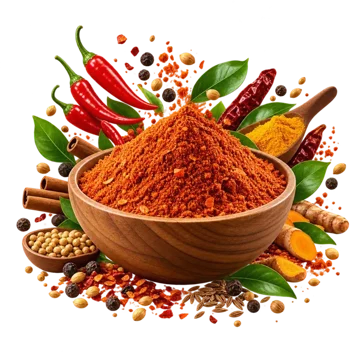 Wooden bowl of red podi spice powder with chillies, turmeric and cinnamon