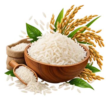 Bowl of white rice with rice ears and a sack