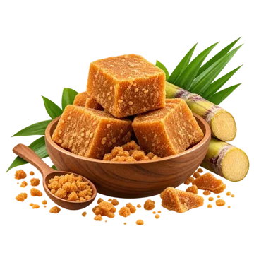 Bowl of jaggery blocks with sugarcane