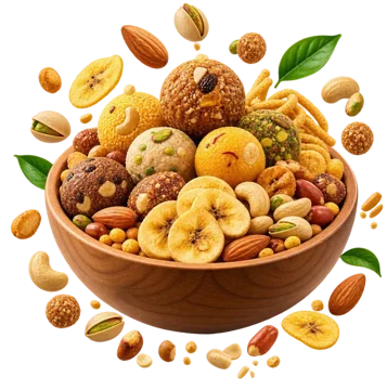 Bowl of laddus, banana chips, murukku and nuts
