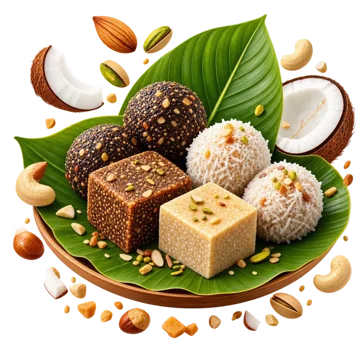 Traditional sweets on a banana leaf with coconut and nuts